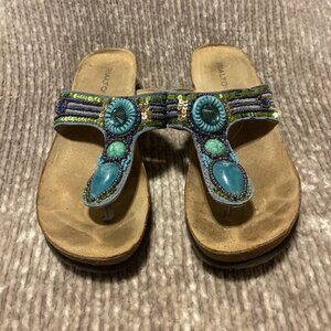 Rialto Turquoise Beads Stones Sequins Thongs Cork Wedge Sandals Women's 8.5M